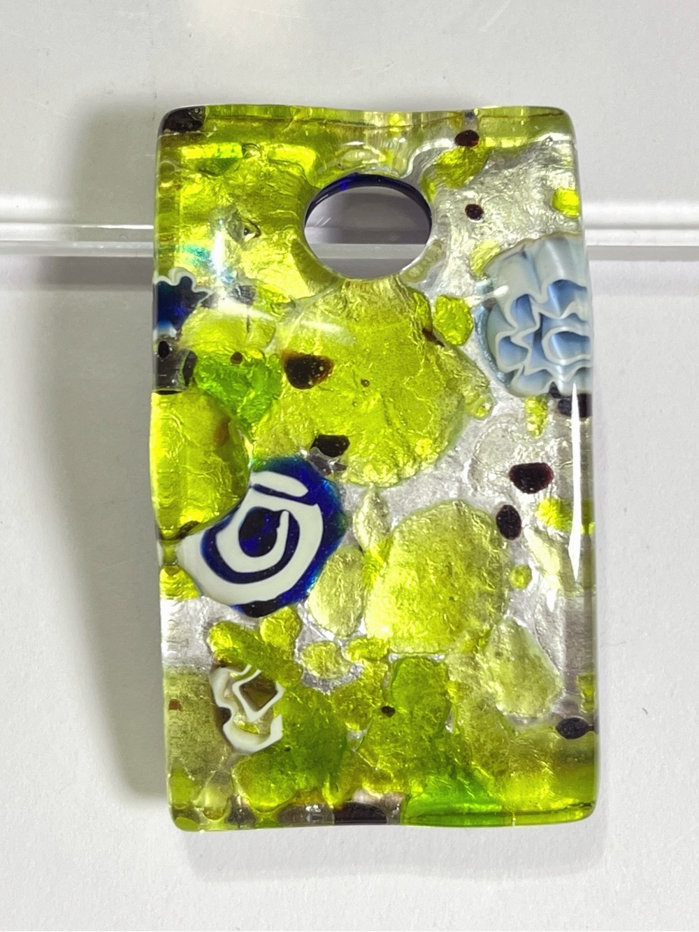 Lampwork Fused Glass Pendant Vibrant Green Silver Foil Curved Rectangle Large
